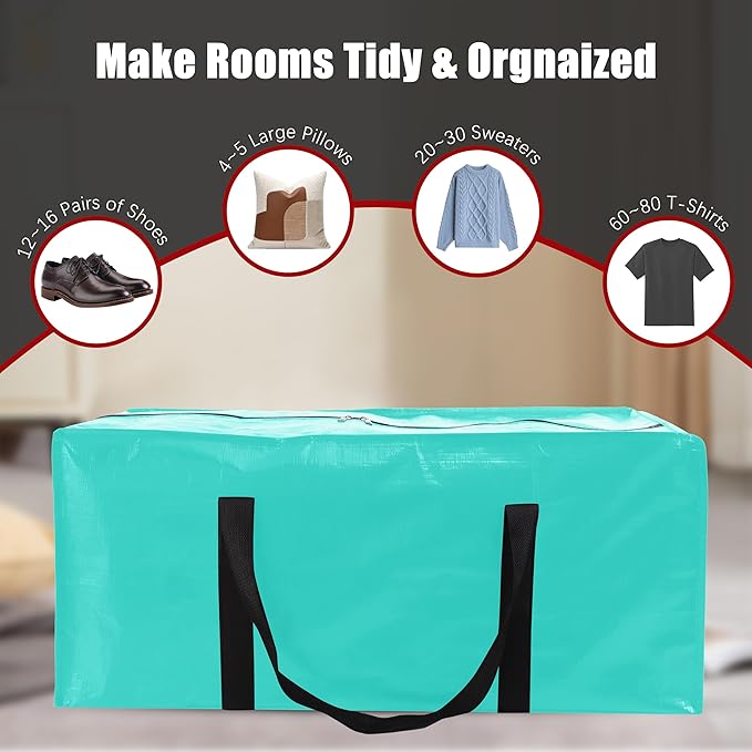 PANDA JOYS 8 Pack Extra Large Moving Bags with Zippers & Carrying Handles, Heavy-Duty Storage Tote for Space Saving Moving Storage, Fold Flat, Alternative to Box and Bin,Aquamarine
