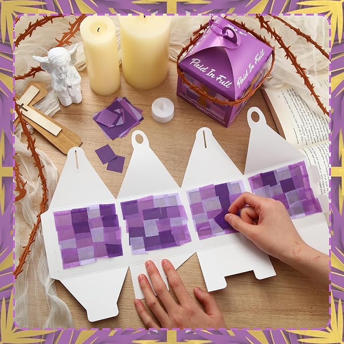 Simgoing 12 Sets Religious Easter Crafts Bulk Christian Cross Lanterns Crafts with LED Lights Glitter Cross Tissue Paper Lanterns for Easter Church VBS Sunday School Classroom Activities