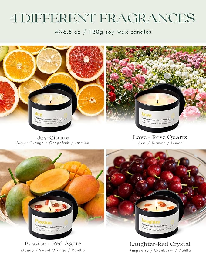 AOOVOO Crystal Energy Candles Set for Women - 4 Pack 26 oz Soy Wax Candles for Home Scented, 200 Hour Long Lasting Candle, Laughter Red Crystal/Love Rose Quartz/Joy Citrine/Passion Red Quartz