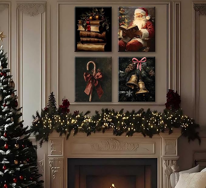 Paint by Number Kit for Adults & Kids, 4 Pack Vintage Christmas Scenes (Candy Cane, Santa Reading, Book Stack, Golden Bells) 12x16Inch Unframed, DIY Acrylic Painting Kit with Brushes & Paints