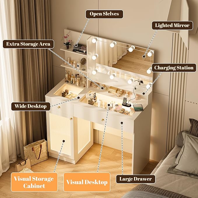 INNOD Vanity Desk with Large Mirror and Lights, Glass Top Makeup Vanity Set with Power Outlet, Drawers and Cabinet, 3 Lighting Color Adjustable Dressing Table for Bedroom,White