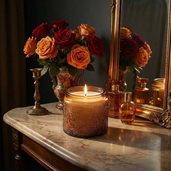 9-Pack 10 oz Sun Moon Star Embossed Glass Candle Jars with Mirror Lids and Labels - Unique Amber Candle Containers with Lids for Candle Making