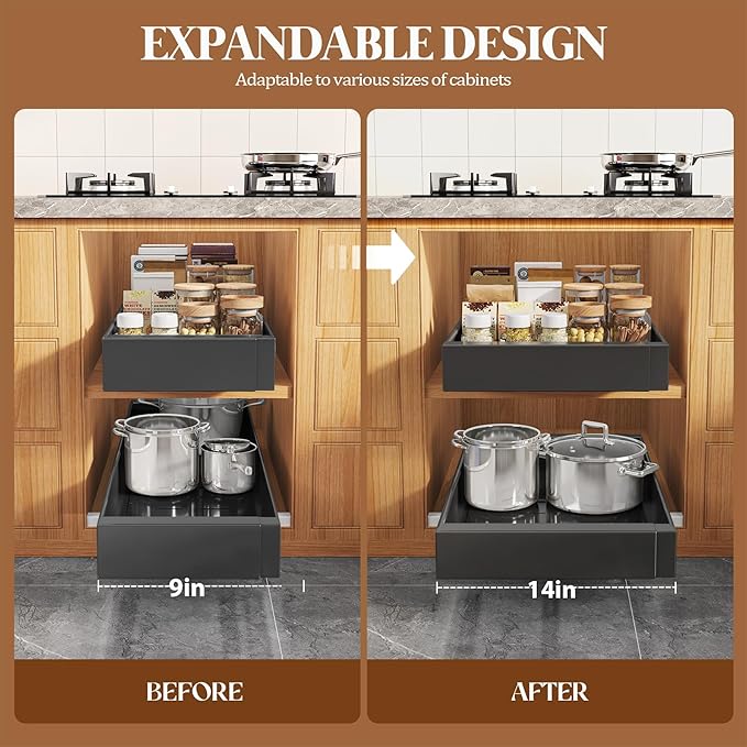 4 Pack Expandable Pull Out Cabinet Organizer 21" Deep With Raising Pad for Framed Cabinets,Upgrade 3 Slide Rails Slide Out Drawers,No Drill Roll Out Shelves,Adjustable Width 9"-14" Black