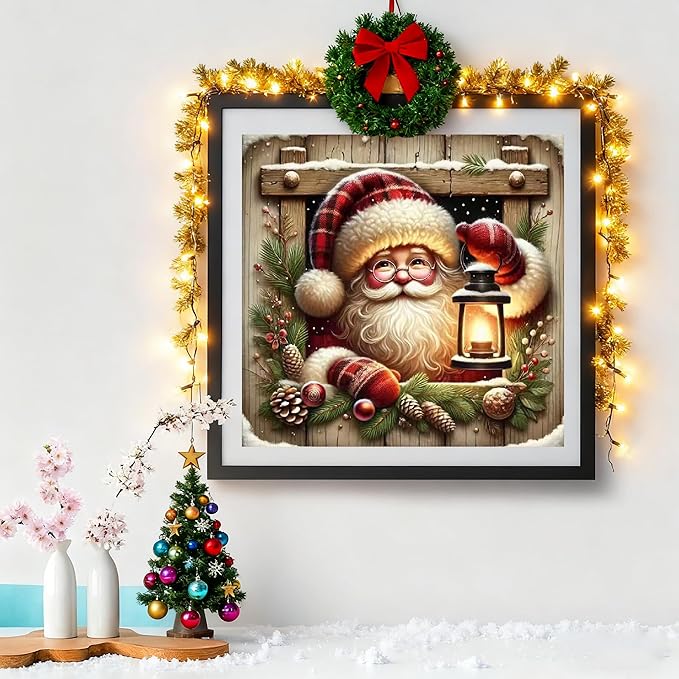 VIGEGU Christmas Diamond Art Kits for Adult,Santa Claus Diamond Painting for Beginnger,Lantern DIY Full Drill Rhinestone Diamond Dots Gem Painting Home Wall Decor 13.7x13.7 in