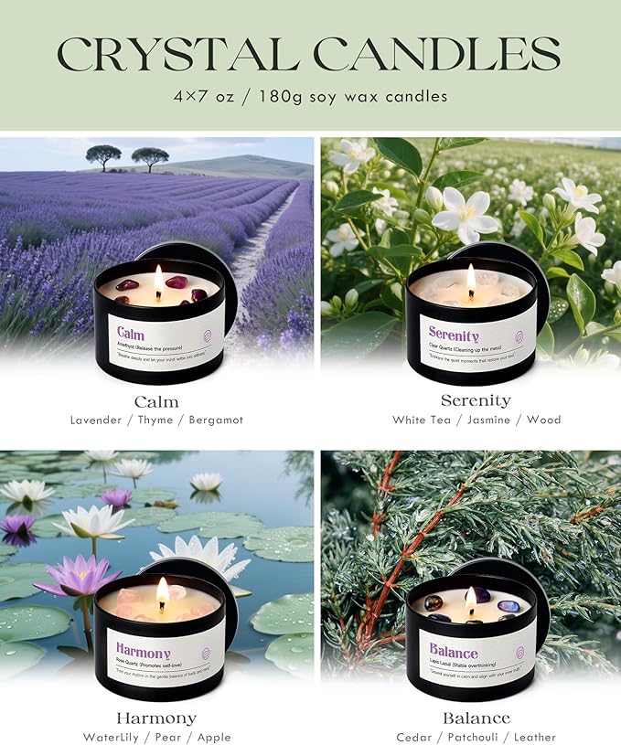 AOOVOO Crystal Soothing Candles Set for Women - 4 Pack 26 oz Soy Wax Candle for Home Scented, 200 Hour Long Lasting Candle, Calm Amethyst/Serenity Clear Quartz/Harmony Rose Quartz/Balance Lapis Lazuli