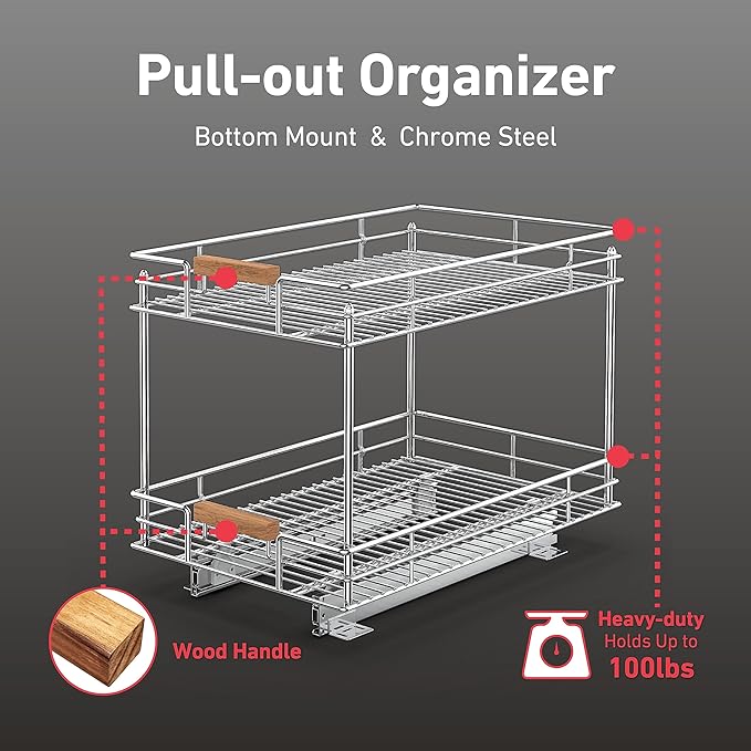 Mount Walker Pull Out Cabinet Organizer(14" W x 21" D), 2 Tier Slide Out Shelves with Wood Handle, Sliding Drawer Pull Storage Shelf for 15-1/4” Cabinet Opening, Chrome