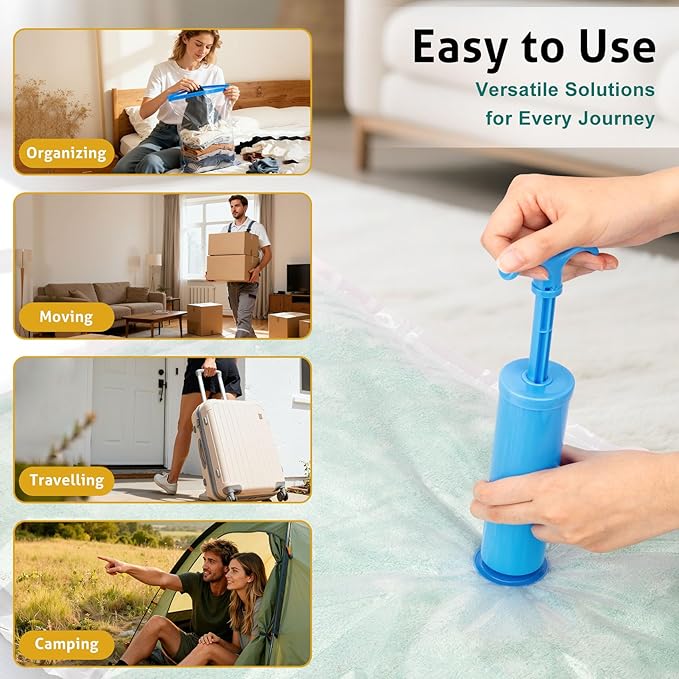 8 Pack Large Travel Vacuum Storage Bags, Portable Vacuum Seal Bags for Clothing Travel with Pump, Space Saver Bag for Luggage Suitcases Clothes Bedding Seasonal Storage