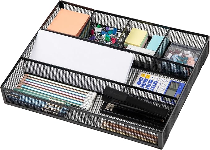 Mind Reader Drawer Organizer, Desk Org, Utensil Organizer, Office, Kitchen, Metal Mesh, Set of 2, Black
