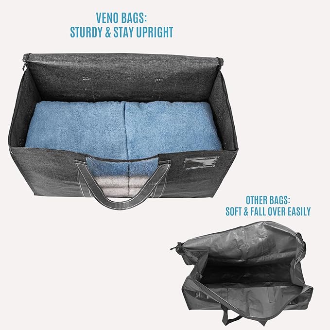 VENO 6 Pack Moving Bags with Clear Window, Heavy Duty Storage Bins with Lid, Around Handles, Tag, Zippers, Extra Large Totes Packing Moving Boxes Supplies for College Dorm Clothes (Dark Gray)