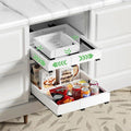 2 Pack Pull out Cabinet Organizer, Width (10"-15") Depth (11"-17"), with 3 Rails Adjustable Slide, Expandable Drawers for Cabinets, No Drill Adhesive Kitchen Drawers for Pantry Shelves white