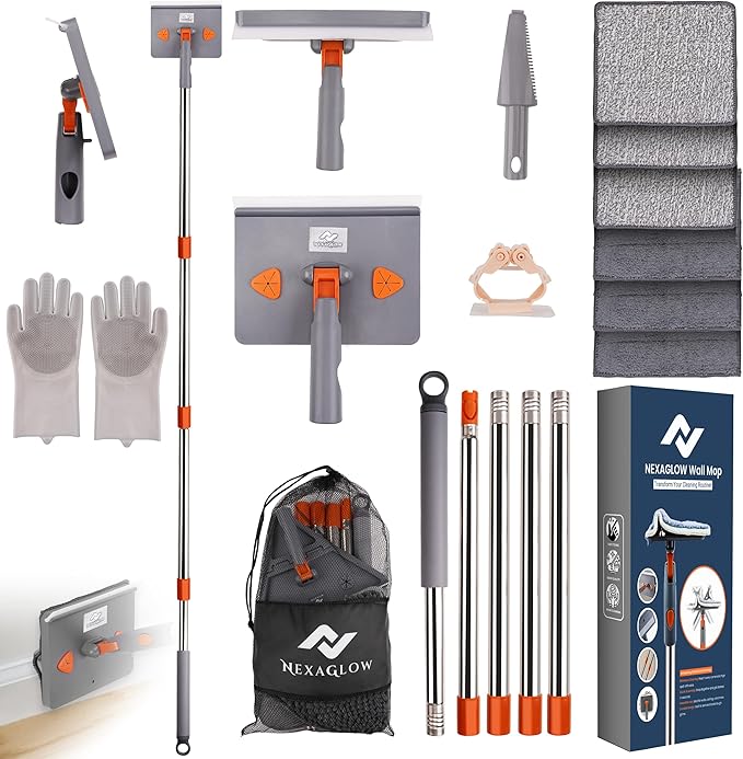 NexaGlow Baseboard Cleaner Tool with Handle | 3-in-1 Adjustable Cleaning Mop with Microfiber Pads & Gloves | 180° Wall Mop Cleaner with 66" Long Handle for Walls, Windows, Floors & Baseboards