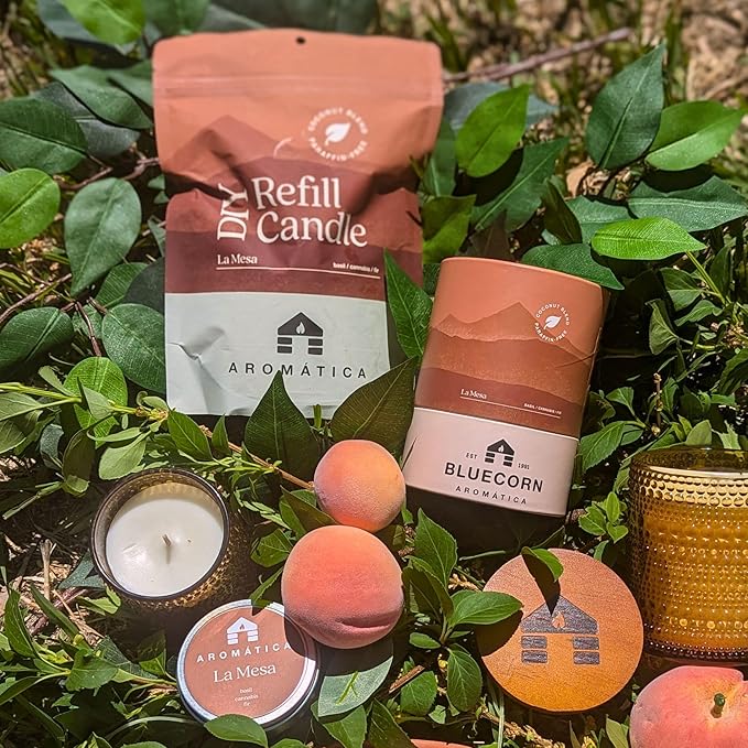 Bluecorn Aromática La Mesa Scented Candle Refill Kit – Basil, Rhubarb & Fir Needle | Clean-Burning Coconut Wax | Non-Toxic Fragrance | 100% Compostable Pouch | DIY Candle Refill | Made in USA