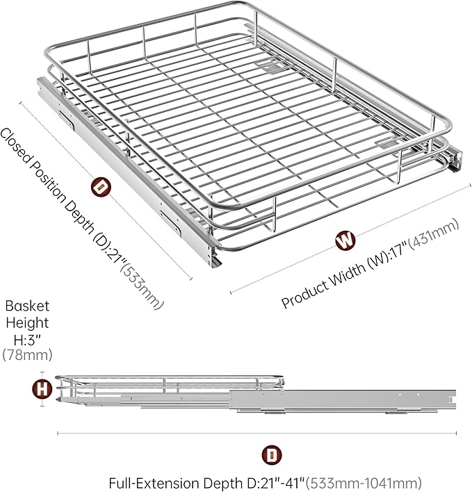 JOWBOOW Cabinet Pull Out Shelves (17" W x 21" D), Heavy-Duty Premium Collection Slide Out Shelves, Metal Roll Out Shelves for Kitchen Cabinets, Anti-Rust Chrome Finish