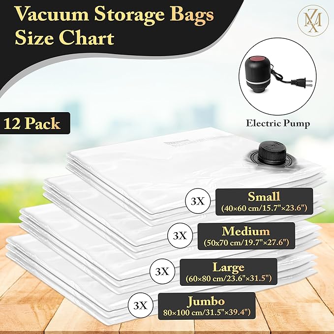 Vacuum Storage Bags 12 Pack with Electric Pump – Heavy Duty Space Saver Compression Bags for Clothes, Bedding, Travel & Home Storage