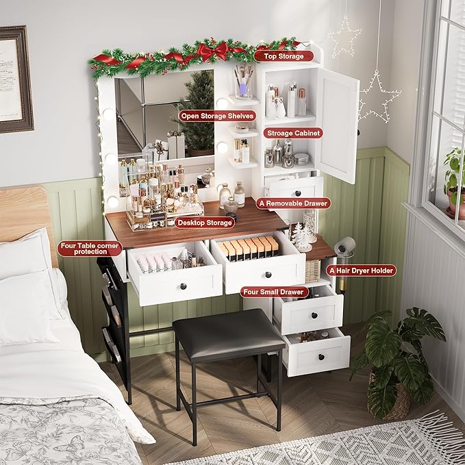 YIKEHOME Farmhouse 42'' Makeup Vanity Desk Set with Mirror, Vanity Table 3-Colour Lights with 5 Drawers & Shelves for Bedroom Dressing Room Brown