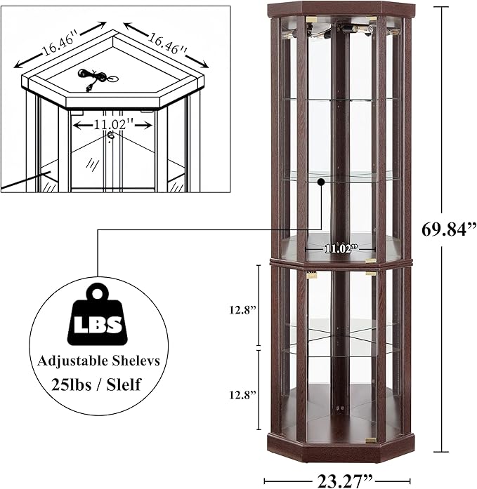 69" H Lighted Curio Cabinet Corner Display Case,Corner Glass Cabinets with Tempered Glass Door and Adjustable Shelves,Wooden Curio Cabinet with Mirrored Back Pane (Style 1 - Dark Cherry)