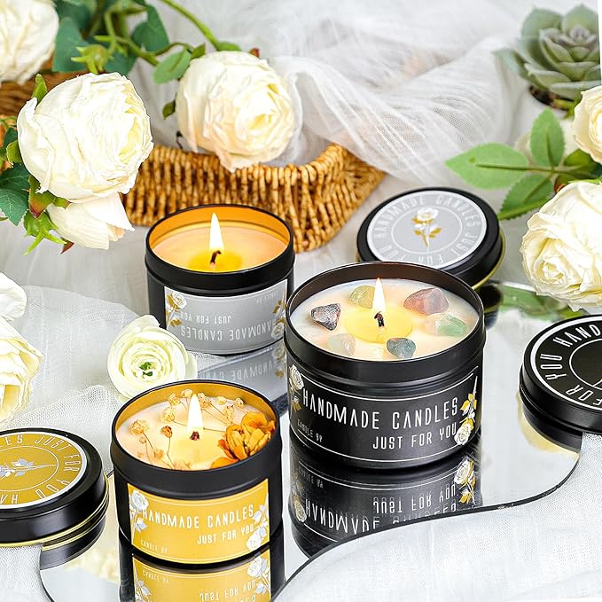 CONNOO 24 Pack Candle Tins - 12pcs 8oz + 12pcs 4oz Matte Black Candle Jars with Lids for Making Candles, Bulk Empty Candle Containers with Sticky Warning Labels for Candle Making, Storage, and Gift