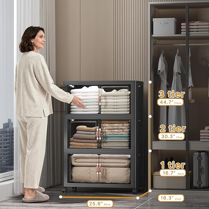 Stackable Storage Bins with Lids, 672QT Closet Organizers and Storage with Doors and Wheels, Extra Large Storage Cabinet, Collapsible Plastic Drawers for Bedroom Kitchen Office Garage