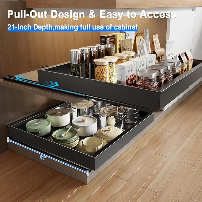 MUSTORN 2 Pack Pull Out Cabinet Organizer Expandable, 21"Deep Slide Out Drawer for Cabinets Adhesive Pull Out Drawers Heavy Duty Pull Out Shelves for Kitchen, Cupboard, Pantry, Bathroom(Black)