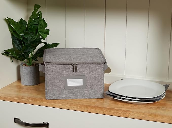 Covermates Dish Storage Box Set – China & Dinner Plate Storage Containers with Felt Dividers, Dual Zippers, Reinforced Handles, ID Window & Stackable Design, Grey Heather