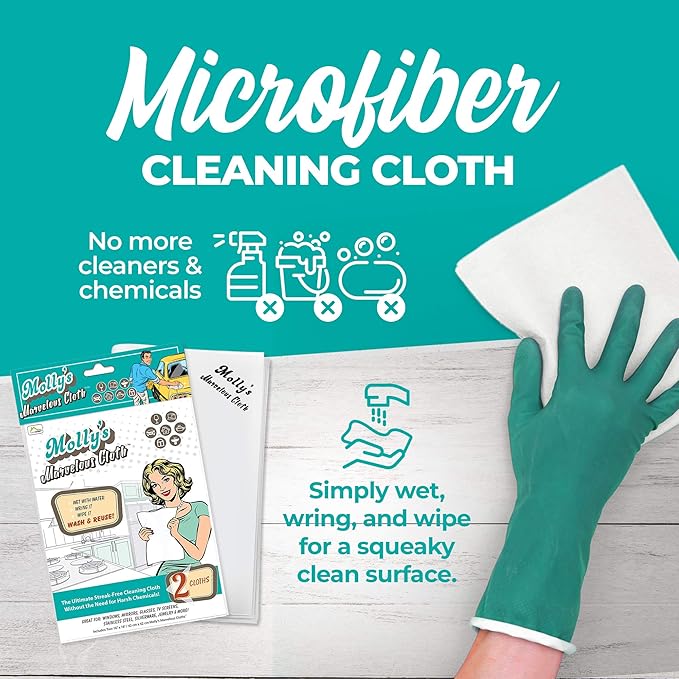 Molly's Marvelous Cloth, Streak-Free, Lint-Free Microfiber Cleaning Cloth, Polishing Cloth for Glass, Stainless Steel, Use for Kitchen, Bath, Cars, Detailing, Reusable (2pk, White)