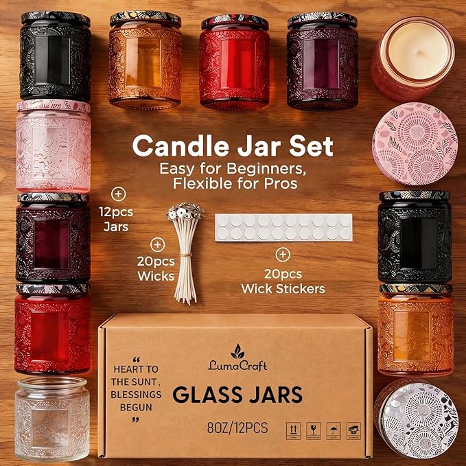 LumaCraft Luxury Embossed Glass Candle Jars for Making Candles - 12 Pack Empty Candle Containers with Airtight Metal Lids, 20 Wicks & 20 Stickers, Colored Glass Jars for Gifts & Decor-8OZ