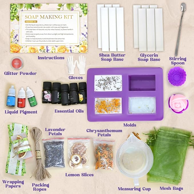 Jcoos Soap Making Kit, Soap Making Kit for Adults, Teen- Shea Butter Glycerin Melt and Pour Base, Molds, Dye, Fragrances, Dried Flowers, DIY Craft for Beginners Women,Gift Boxes for Mother's Day
