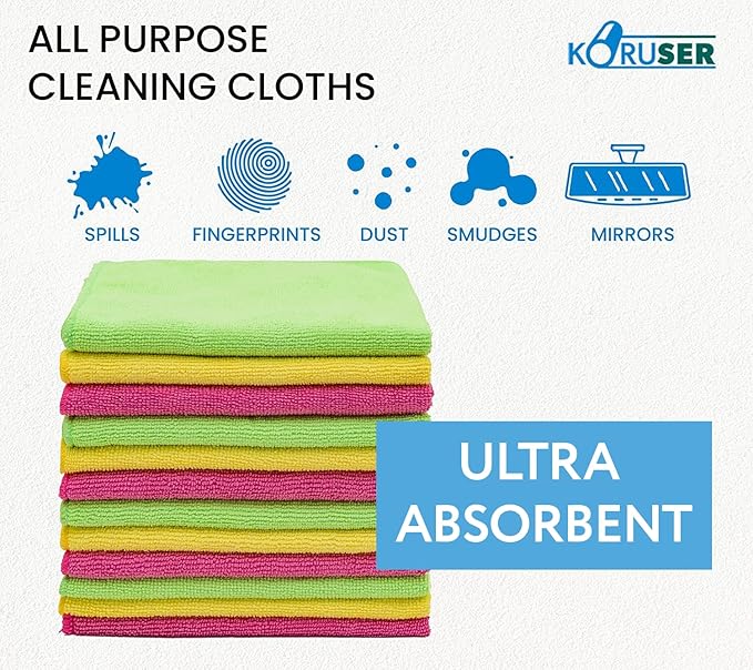 Microfiber Cleaning Cloths - Reusable and Washable - Multi Purpose Indoor/Outdoor Cleaning/Dusting/Polishing on Kitchen/Bathroom/Auto Surfaces (12 Pack/High Grammage)