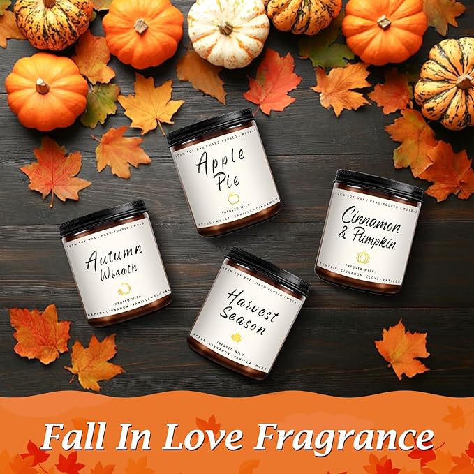 Auelife Fall Candle Set | 8 Pack Scented Candles for Home - Candle Gifts for Women Men, Soy Candles Home Scented | Autumn Fragrance of - Apple Pie/Cinnamon/Harvest/Wreath