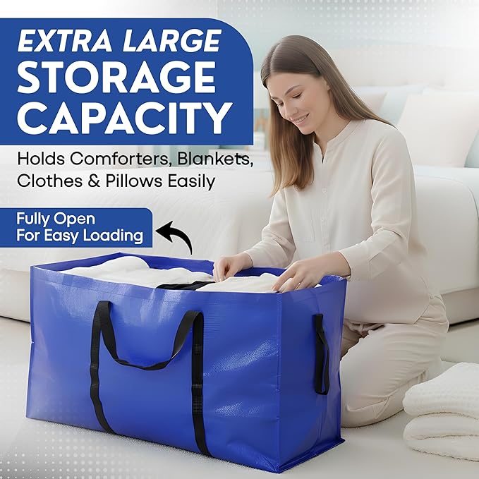 Extra Large Moving Bags Heavy Duty - 6 Pack Blue Storage Bags with Zipper & Strong Handles | Moving Bags for Clothes, Bedding & Home Organization | Reusable Packing Bags for Moving, Travel & College