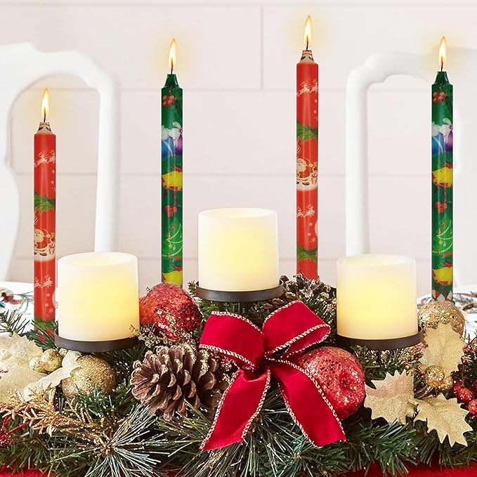 Taper Candles Christmas Printed Candlestick 4 PCS 10 inch Long Taper Candle Unscented Candlesticks Handmade Tapered Candles for Christmas Dinner Household Wedding Party Housewarming Home Décor Candles