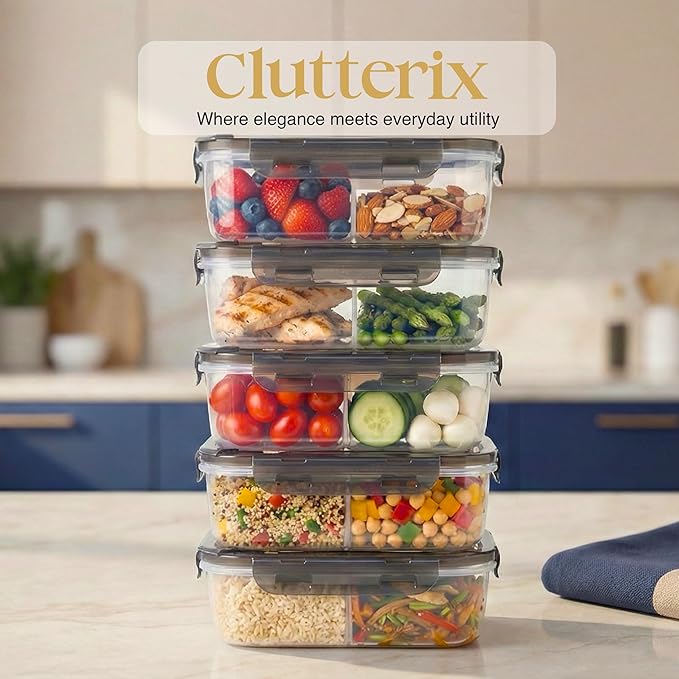 Compartmentalized Plastic Airtight Food Storage Containers with Vented Lids, 3-Compartment Design, BPA-Free, 5-Pack (5.5 Cups Each) for Meal Prep and Portion Control