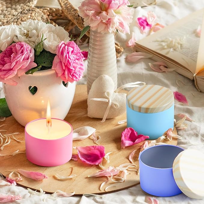 Honeydak 36 Pcs 4oz Candle Jars Bulk Multicolored Candle Tins Small Empty Containers with Metal Wood Grain Printing Lids for Making DIY Jars Storage Wedding Gifts