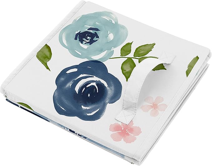Sweet Jojo Designs Navy Blue and Pink Watercolor Floral Foldable Fabric Storage Cube Bins Boxes Organizer Toys Kids Baby Childrens - Set of 2 - Blush, Green and White Shabby Chic Rose Flower