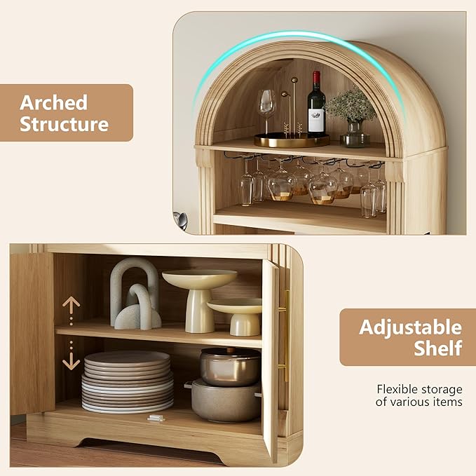 Vlsrka 71" Tall Arched Kitchen Pantry Cabinets, Wood Kitchen Storage Cabinets/Arched Bookshelf/Bookcase,China Cabinet with Open & Adjustable Shelves, Induction LED Light (Brown A)