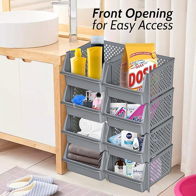 TidyFriend 4 Pack Stackable Storage Bins Open Front for Pantry Organizers and Storage, Plastic Storage Bins for Garage Organization, Garage Storage Bins for Shelves, Racks, Tools & Supplies (Grey)