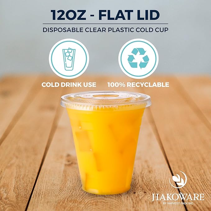 [1000 SET]HAKOWARE by Harvest Pack 12 oz Ultra Clear Plastic Cold Cups with Flat Lids, Disposable Wedding Party Drinking Cups Tumblers, Iced Coffee Beer Juice Cold Beverage