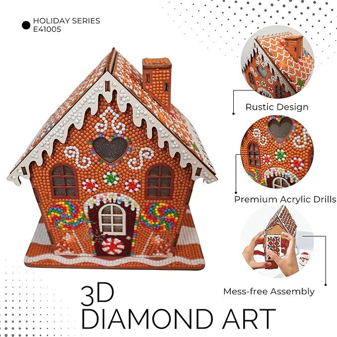 Party Ready 3D Diamond Painting Gingerbread House Christmas Cabin Kit – DIY Holiday Décor, Full Drill Mosaic Art, Festive Craft Kit (Gingerbread House 2)