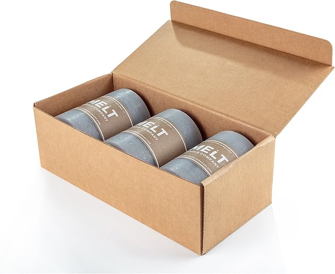 Melt Candle Company Set of 3 Pillar Candles 3" x 4" Unscented Handpoured Weddings, Home Decoration, Restaurants, Spa, Church Smokeless Cotton Wick - Grey