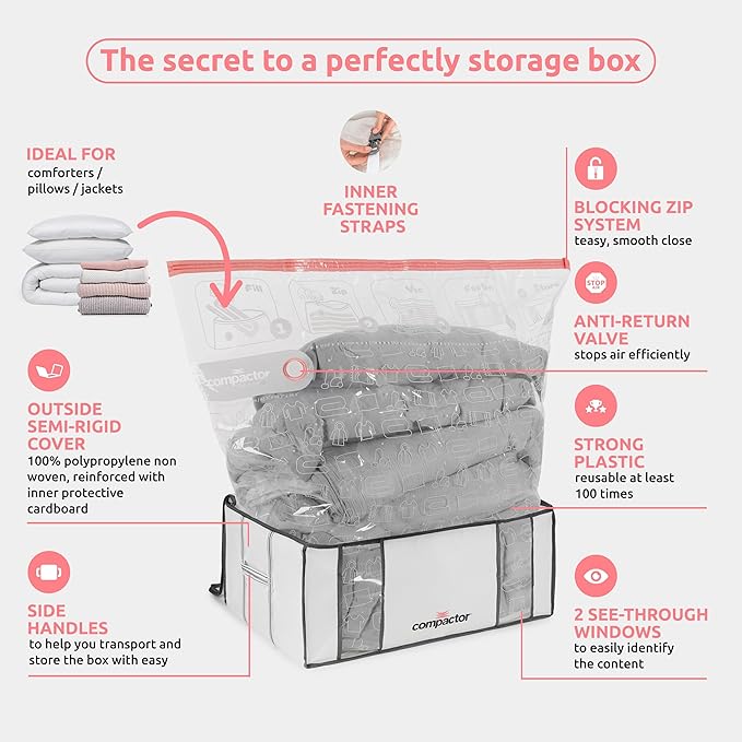 Compactor 3 Pack Vacuum Storage Bags with Semi-Rigid Structured Boxes, Polypropylene & Nylon Vacuum Storage Bag, Vacuum Seal Bags for Clothing and Bedding, Closet Organizer (White, XXL)