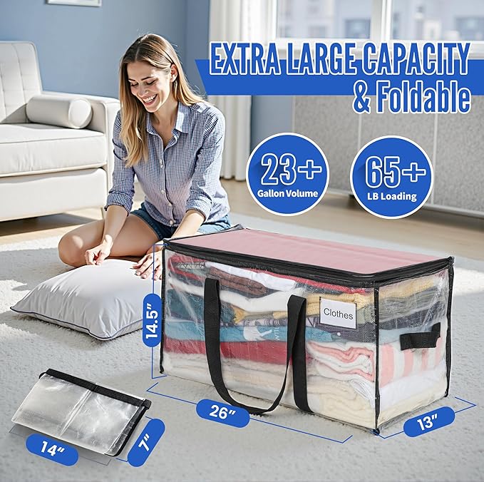 BAGAIL Heavy Duty Moving Bags with Strong Handle, Extra Large Moving Boxes, Storage Tote for Clothes, College Moving Supplies(Clear, 4 Pack)