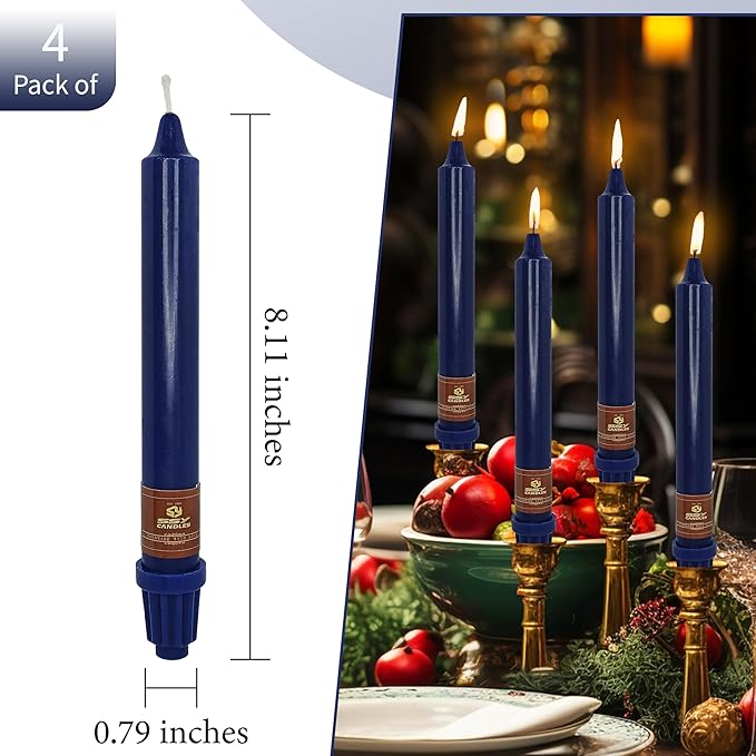 Navy Taper Candle 8 Inch Short Candlesticks Unscented Dripless Tapered Candle Set for Home Decor Wedding Party Dinner Candles, 4 Pack