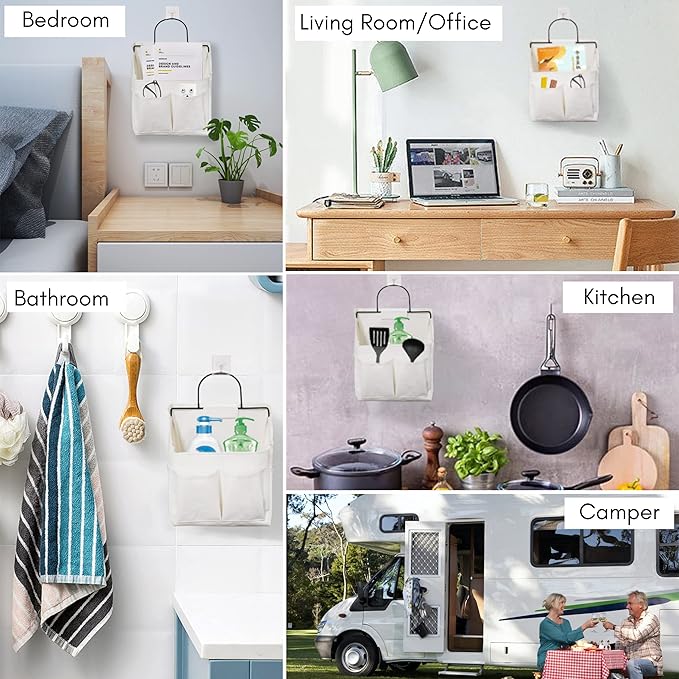 Kanrichu 2pcs Wall Hanging Organizer Bag, Linen Fabric Door Hanging Storage Basket with Pockets, Waterproof Bin for Kitchen, Bedroom, Office, RV Camper (White-Upgraded)