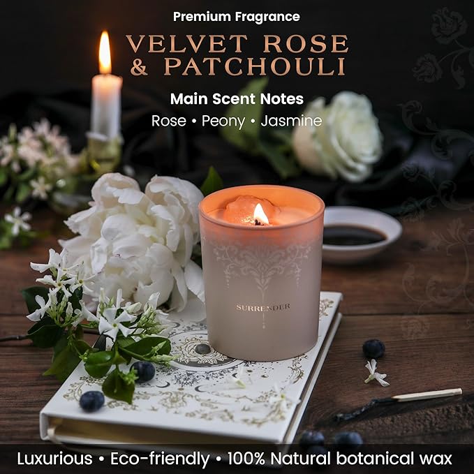 Luxury Crystal Candle for Women - Velvet Rose & Patchouli Scented Aromatherapy Candle - Manifestation Candle with Strawberry and Clear Quartz Crystals -7.4oz Natural Coconut, Soy Wax Wood Wick Candles