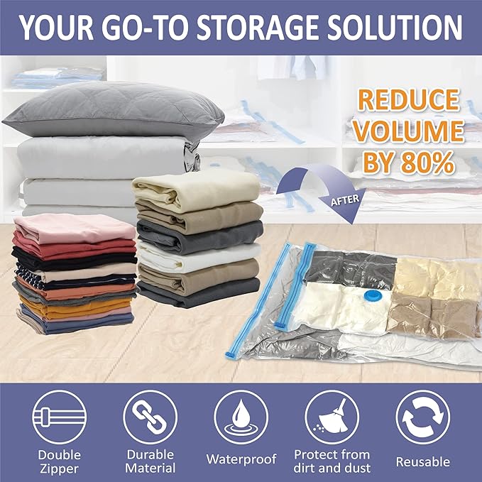 Cozy Essential Vacuum Storage Bags, 80% Compression Vacuum Seal Space Saver Plastic Packaging Bags for Clothes, Blankets, Pillow, Bedding, Comforters, Sealer Clothing Storage,25 Combo