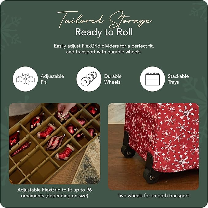 Covermates Keepsakes Rolling Adjustable Ornament Storage Bag – Heavy-Duty Polyester, FlexGrid Trays & Padded Dividers – Protective Holiday Organizer with Wheels, Handles & ID Window, Red Snowflake