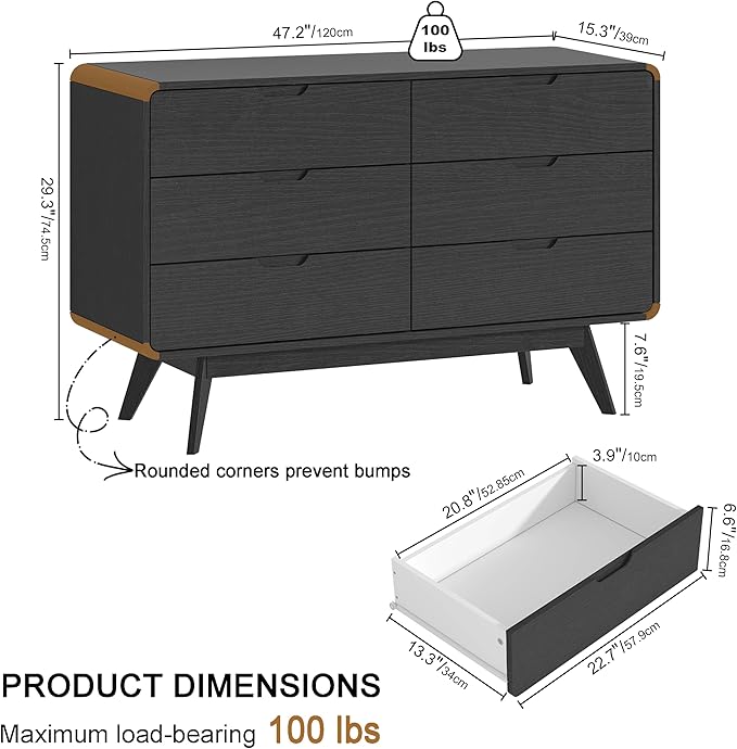 Black Modern 6-Drawer Dresser & TV Stand, 47" Wide Storage Cabinet with Unique Wooden Handles, Mid-Century Style Chest of Drawers for Bedroom, Living Room, Hallway
