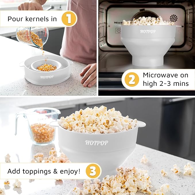 The Original HotPop Silicone Popcorn Maker - Microwave Popcorn Popper - Collapsible Bowl, Heat-Resistant, Easy to Clean, Ideal for Family Movie Nights, 15-Cup Capacity - White