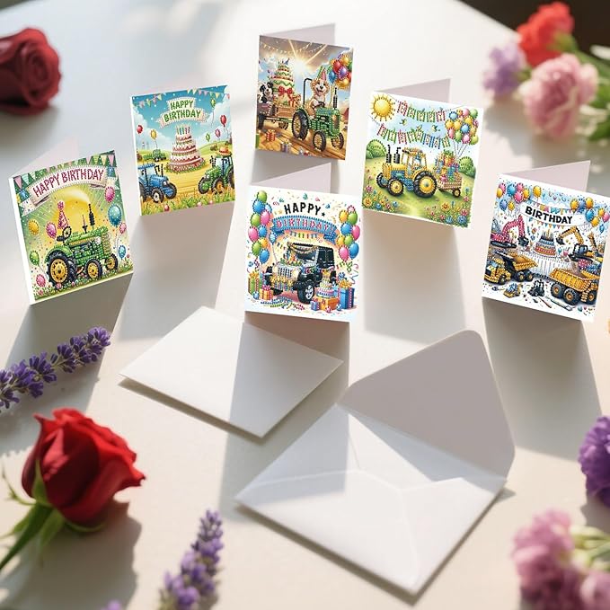 5D Diamond Art Painting Greeting Cards Kit, DIY Cards for Blessings Congratulations Gifts, Greeting Card Set for Birthday Thanksgiving Day Christmas Halloween-Tractor Buggy