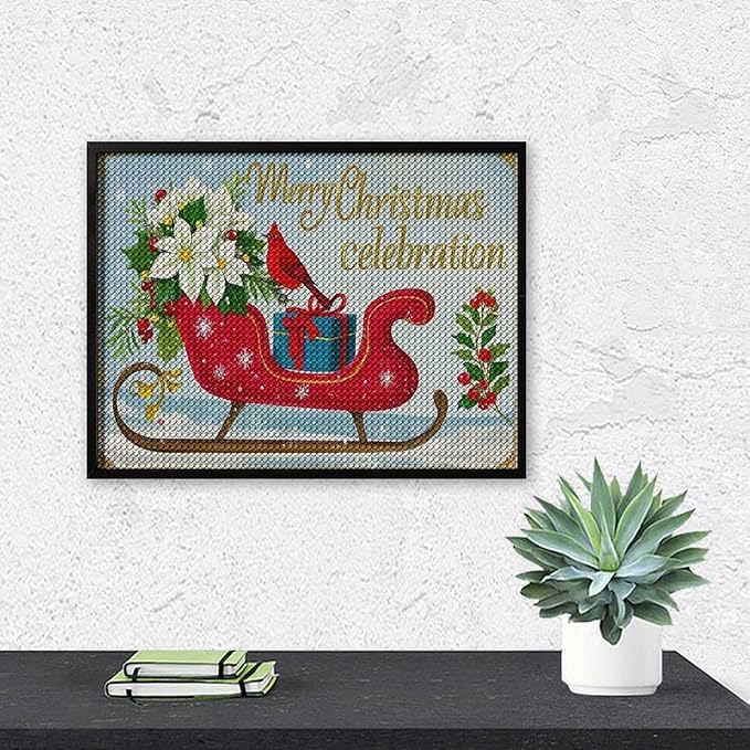 Diamond Painting Kits for Adults - Red Sleigh with Poinsettias, Cardinal Bird Merry Christmas Painting DIY 5D Full Drill Diamond Dots Paintings with Diamonds Gem Art And Crafts Home Decor 12"x16"
